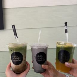 Hapa latte (hojicha and matcha), black sesame latte and matcha passion fruit soda