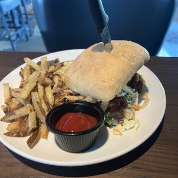 Thirsty Lion - BBQ White Cheddar Burger - American Near Me - The Colony, Texas Thirsty Lion - BBQ White Cheddar Burger - American Near Me - The Colony, Texas