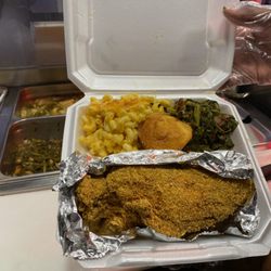 Jamison's Soul Food - Fried catfish fillet macaroni and cheese turn up and mustard greens cornbread muffin