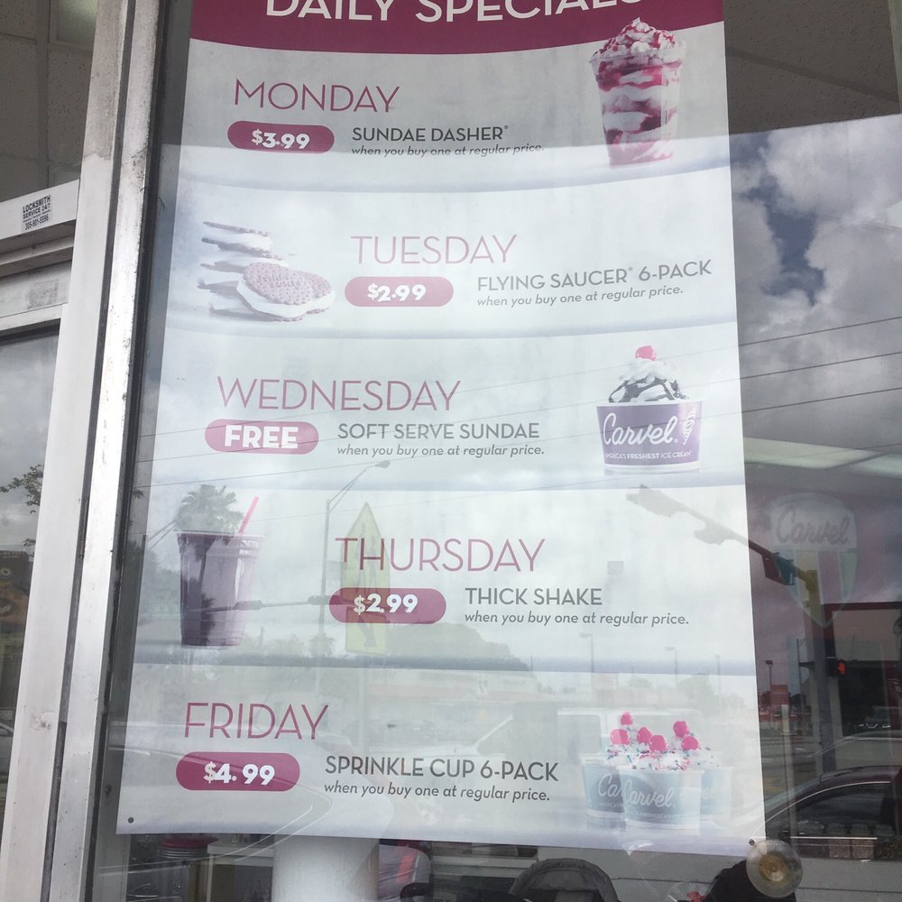Carvel - I'm not sure if they had these back in the day, but here's something to consider; they have daily specials going on. - Ice Cream & Frozen Yogurt Near Me - Hialeah, Florida Carvel - I'm not sure if they had these back in the day, but here's something to consider; they have daily specials going on. - Ice Cream & Frozen Yogurt Near Me - Hialeah, Florida