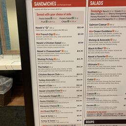 Let's get a sandwich! - The menu features various sandwiches, salads, and soups, with options like Newk's Q, French Dip, Chicken Club, and Portabella Veggie, along with side choices and calorie information.