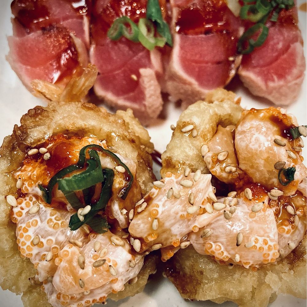 Sushi Pier - (Background) seared tuna nigiri; (foreground) tempura upside-down shrimp nigiri - Sushi Bars Near Me - Reno, Nevada