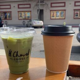 Iced matcha latte, hot chai latte