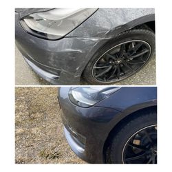 WXDENT - James did an amazing job. Top shows damaged fender and bumper. Bottom shows after repair! Shinny and damage free.