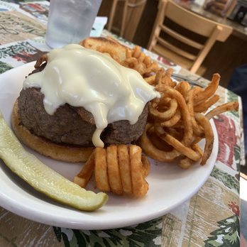 The Cooperstown Diner - Jumbo Bacon Cheeseburger with seasoned curly fries. - American Near Me - Cooperstown, New York
