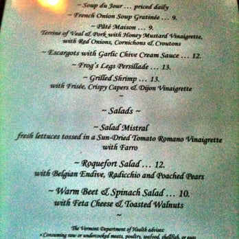 Mistral's - Menu - Sept 2012 - French Near Me - Manchester Center, Vermont