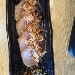 Albacore with crispy garlic 9/10 Thin cut would have been better but still amazing Albacore with crispy garlic 9/10 Thin cut would have been better but still amazing