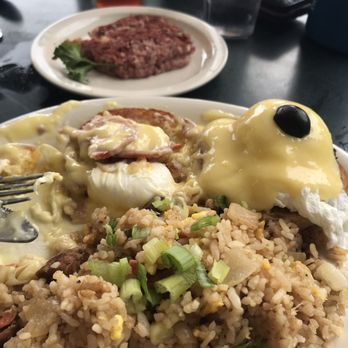 Moke's Bread & Breakfast - Eggs Benedict with fried rice - Breakfast & Brunch Near Me - Kailua, Hawaii