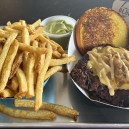 Double OKC Style Black Label Cheeseburger, Tallow Fries, and Garlic Herb Aioli. Double OKC Style Black Label Cheeseburger, Tallow Fries, and Garlic Herb Aioli.