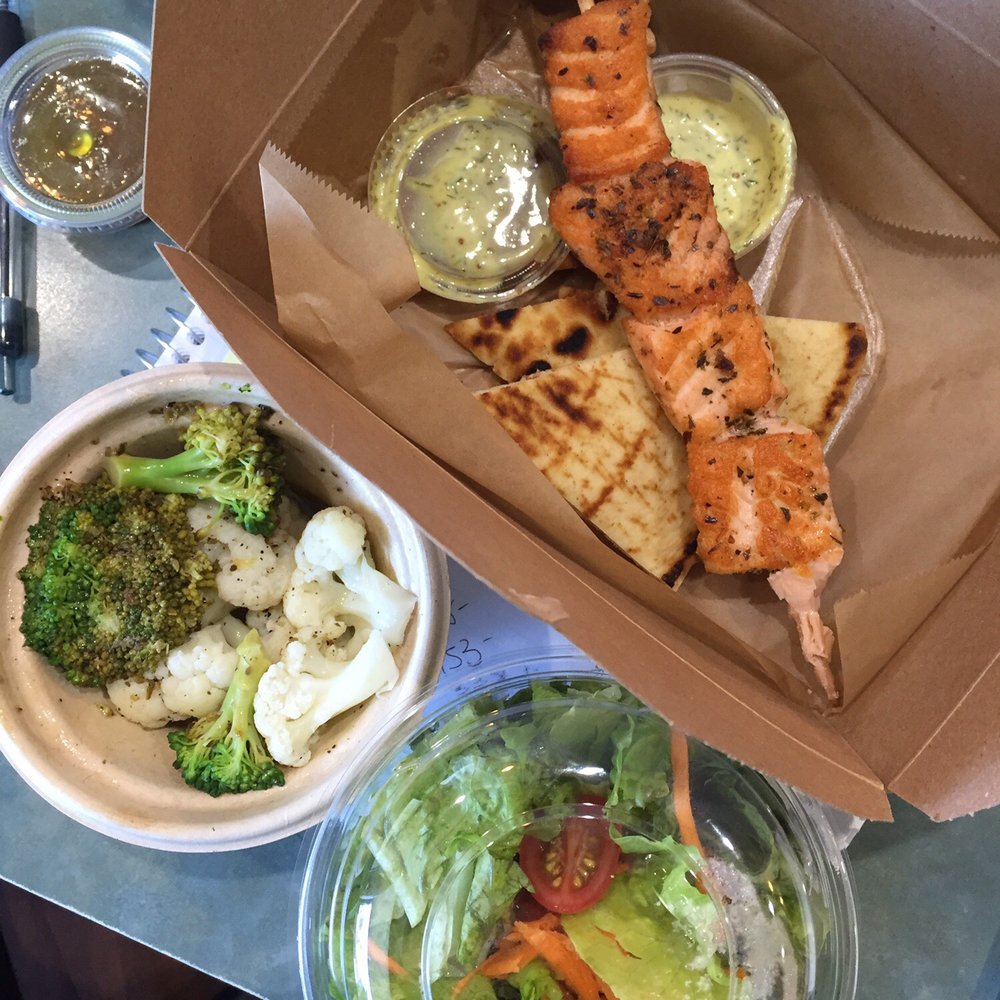 GrillMark - Salmon platter. $14 side salad and side of broccoli cauliflower. Good taste but not very filling. - Mediterranean Near Me - Albertson, New York GrillMark - Salmon platter. $14 side salad and side of broccoli cauliflower. Good taste but not very filling. - Mediterranean Near Me - Albertson, New York