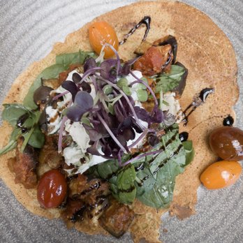 Bespoke Kitchen - Savoury chickpea open pancake with almond ricotta cheesecake (vegan) - Cafes Near Me - Queenstown, OTA Bespoke Kitchen - Savoury chickpea open pancake with almond ricotta cheesecake (vegan) - Cafes Near Me - Queenstown, OTA