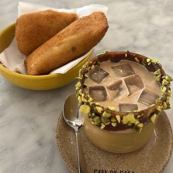 Cafe de Casa - Iced Dubai latte, rissole, and Coxinha - Brazilian Near Me - San Francisco, California