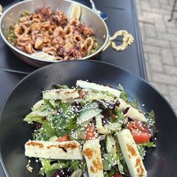 Halloumi salad and the calamari on a bed of crushed olives.