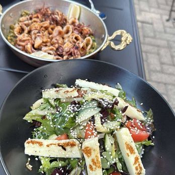 Avaspi - Halloumi salad and the calamari on a bed of crushed olives. - Salad Near Me - Chicago, Illinois