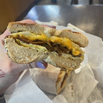 Bagel Belly - a person holding a bagel sandwich - Bagels Near Me - New York, New York Bagel Belly - a person holding a bagel sandwich - Bagels Near Me - New York, New York