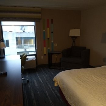 Hampton Inn College Park - Standard room with microwave, minifridge, coffee maker, tea bags, tv, chair, desk, bed - Hotels Near Me - College Park, Maryland