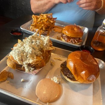 Smoqehouse - Brisket burger, blue cheese chips, pulled pork and fries - Barbeque Near Me - Bradenton Beach, Florida Smoqehouse - Brisket burger, blue cheese chips, pulled pork and fries - Barbeque Near Me - Bradenton Beach, Florida