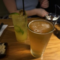 Yuzu Soju cocktail and Japanese golden ale (forgot the names) Yuzu Soju cocktail and Japanese golden ale (forgot the names)