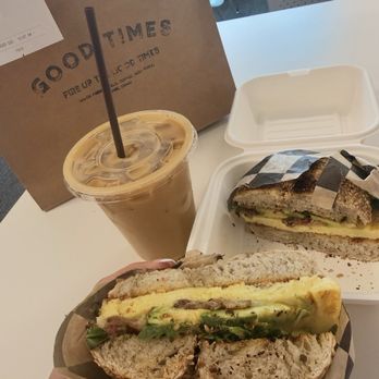 Good Times Bagels - #7 The Egg Sando + bacon + avocado on a GF everything bagel & a maple bourbon latte - Coffee & Tea Near Me - Boise, Idaho