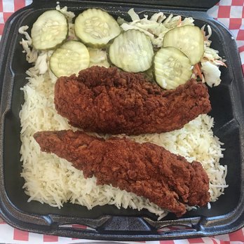 Angry Chickz - #4, 2 Mild Chicken Tenders over a Buttery Rice, topped with Slaw & Pickles~ Dip the hot tenders in honey and be prepared for a foodgasm! - Southern Near Me - Citrus Heights, California