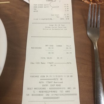 Golden Corral Buffet & Grill - My receipt in case that price seemed unbelievable. - American Near Me - Anderson, South Carolina Golden Corral Buffet & Grill - My receipt in case that price seemed unbelievable. - American Near Me - Anderson, South Carolina