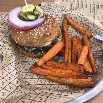 Blatt Beer & Table - Quinoa and beet burger worth adding the cheese but it will cost and extra $1.50... still worth it! Ps those are Curry Roasted Carrots yum! - Gastropubs Near Me - Omaha, Nebraska