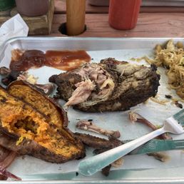 Jerk chicken.  Sweet potato. Caribbean slaw