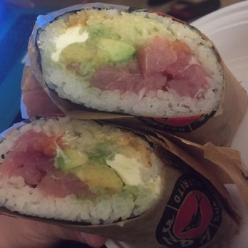 Kazu Sushi Burrito - The whole thing cut in two....Tuna, salmon, avocado, cucumber, cream cheese and spicy mayo - Sushi Bars Near Me - Jacksonville, Florida Kazu Sushi Burrito - The whole thing cut in two....Tuna, salmon, avocado, cucumber, cream cheese and spicy mayo - Sushi Bars Near Me - Jacksonville, Florida