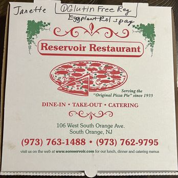 Reservoir Restaurant - Pizza box from Reservoir. I called in a pickup order. - Italian Near Me - South Orange, New Jersey Reservoir Restaurant - Pizza box from Reservoir. I called in a pickup order. - Italian Near Me - South Orange, New Jersey