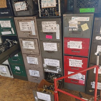 Waterside Workshops - File cabinet drawers labeled with the parts and organized by size. You can go through them yourself. - Bikes Near Me - Berkeley, California