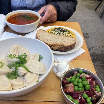 Leleka - Borch Soup, Potato Dumplings, Beet Salad, Rye Bread. - Ukrainian Near Me - San Francisco, California Leleka - Borch Soup, Potato Dumplings, Beet Salad, Rye Bread. - Ukrainian Near Me - San Francisco, California