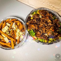 Greek salad with pork and Greek fries