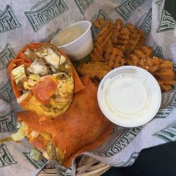 Plymouth Tavern - Chicken Tender Wrap with Buffalo sauce and sweet potato waffle fries