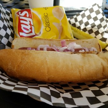 Keylime Bistro - Hot dog with red onions, chips and pickle. - American Near Me - Boca Grande, Florida