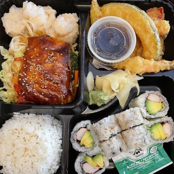 Kei Sushi Restaurant - Salmon Teriyaki Bento Box with Tempura veggies and Cali Roll and Shrimp Gyoza - Sushi Bars Near Me - Philadelphia, Pennsylvania Kei Sushi Restaurant - Salmon Teriyaki Bento Box with Tempura veggies and Cali Roll and Shrimp Gyoza - Sushi Bars Near Me - Philadelphia, Pennsylvania