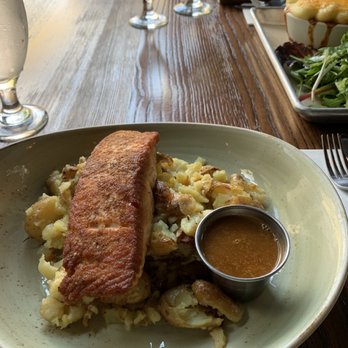 Hudson Hound - Pan seared salmon with fingerling potatoes and bourbon sauce. To the right corner shepherds pie and salad. - Irish Near Me - Jersey City, New Jersey Hudson Hound - Pan seared salmon with fingerling potatoes and bourbon sauce. To the right corner shepherds pie and salad. - Irish Near Me - Jersey City, New Jersey