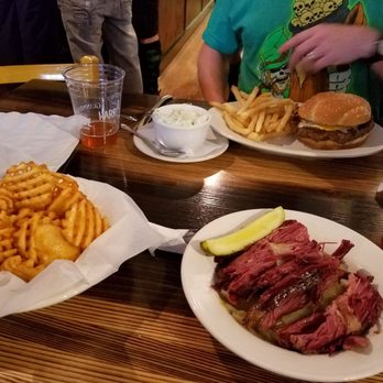 Paxton's Grill - St. Patrick's Day cormed beef and cabbage with a side of waffle fries.  (Pickle from hubby's Big Paxton burger) - Breakfast & Brunch Near Me - Loveland, Ohio