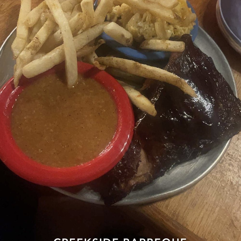 Creekside Bar-Be-Que - Rib Plate with Macaroni and Cheese, Fries, and Brunswick Stew - Barbeque Near Me - Anderson, South Carolina Creekside Bar-Be-Que - Rib Plate with Macaroni and Cheese, Fries, and Brunswick Stew - Barbeque Near Me - Anderson, South Carolina