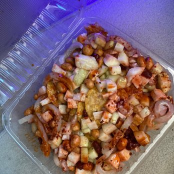 Gazpachos La Michoacana - a plastic container filled with chopped vegetables - Ice Cream & Frozen Yogurt Near Me - Moreno Valley, California