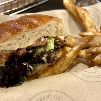 Roosters B Street Brewery - Buffalo Fried Chicken sandwich (we shared, so cut in half) - Brewpubs Near Me - Ogden, Utah