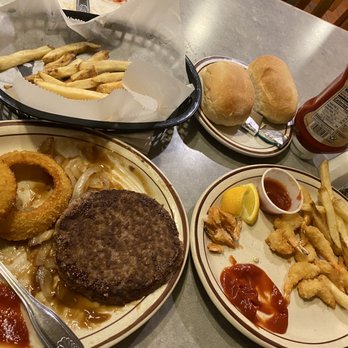 Four B's Restaurant - Hamburger steak with fries and onion rings. Fried shrimp with fries - American Near Me - Deer Lodge, Montana