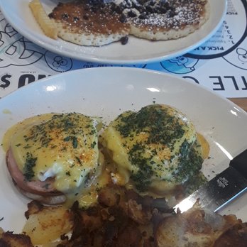 Broken Yolk Cafe - Chocolate chip pancakes. Eggs benedict, home fries (extra crispy), not by request - American Near Me - Glendora, California