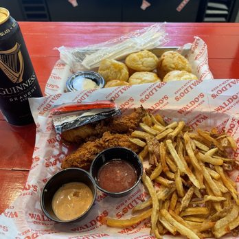 Waldo's Chicken & Beer - Tenders with fries, plus a side of biscuits and Guinness beer. - Southern Near Me - Franklin, Tennessee Waldo's Chicken & Beer - Tenders with fries, plus a side of biscuits and Guinness beer. - Southern Near Me - Franklin, Tennessee