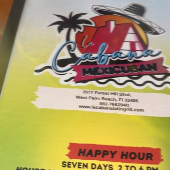 La Cabana Latin Grill - Front of the menu (check out the happy prices!) - Cuban Near Me - West Palm Beach, Florida La Cabana Latin Grill - Front of the menu (check out the happy prices!) - Cuban Near Me - West Palm Beach, Florida