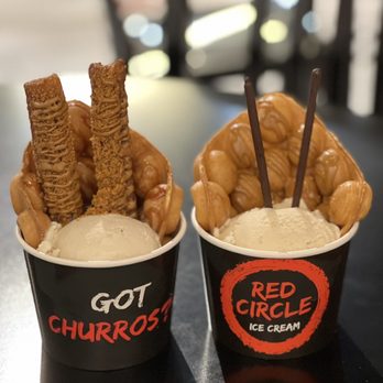 Red Circle Ice Cream - Vanilla scoop w/cookie butter glazed churros & dulce de leche glaze on puff (left), w/pocky & cookie butter drizzle on puff (right) - Desserts Near Me - Houston, Texas Red Circle Ice Cream - Vanilla scoop w/cookie butter glazed churros & dulce de leche glaze on puff (left), w/pocky & cookie butter drizzle on puff (right) - Desserts Near Me - Houston, Texas