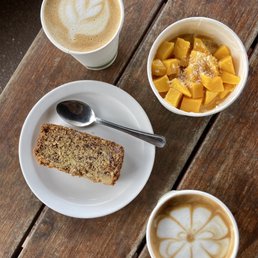 Vegan Banana Bread, Overnight Soaked Oats with mango & coconut, plant-based lattes x2