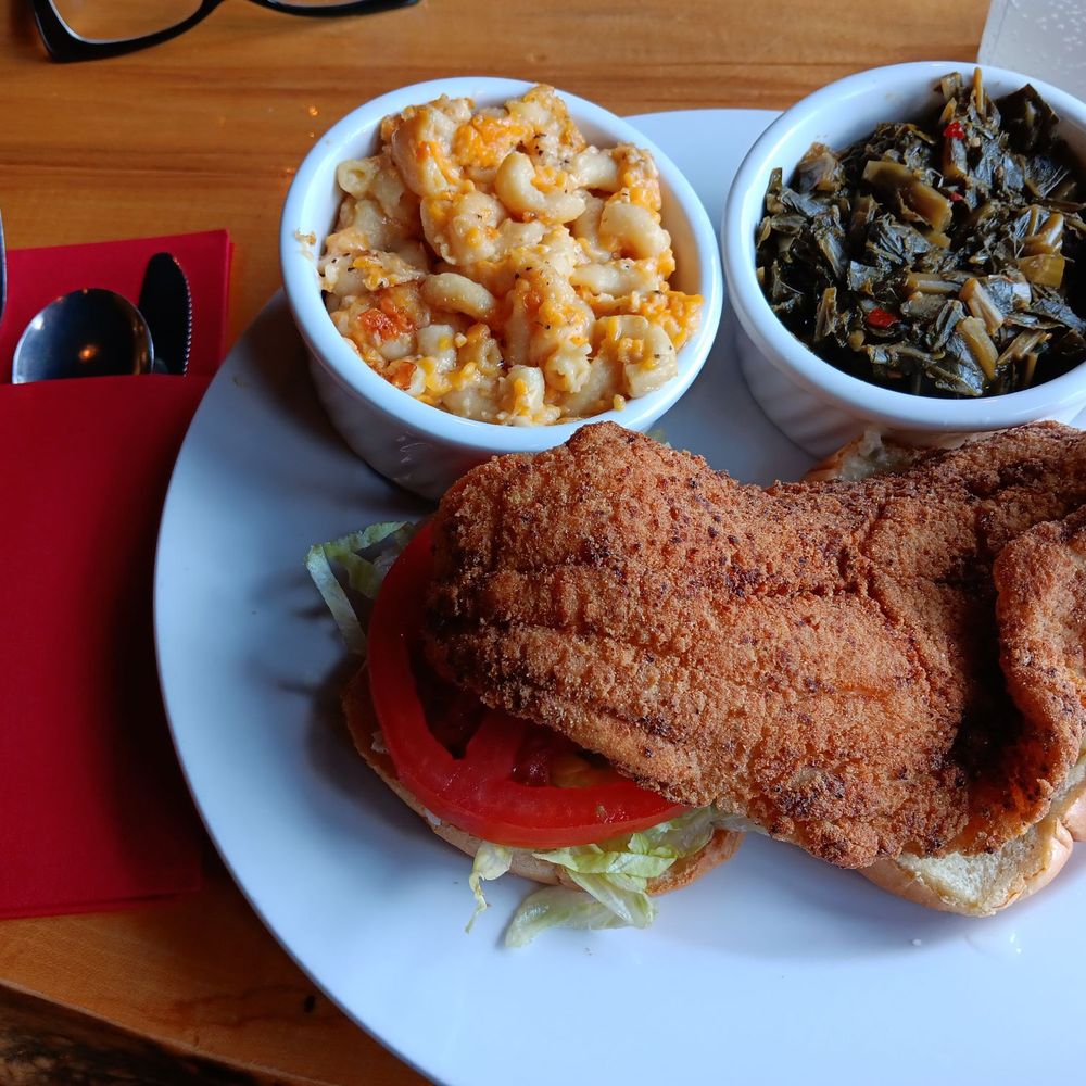 Sweeties Crab Shack - Catfish Sandwich...2 sides: fresh collard greens, and mac-n-cheese. - Soul Food Near Me - Marietta, Georgia