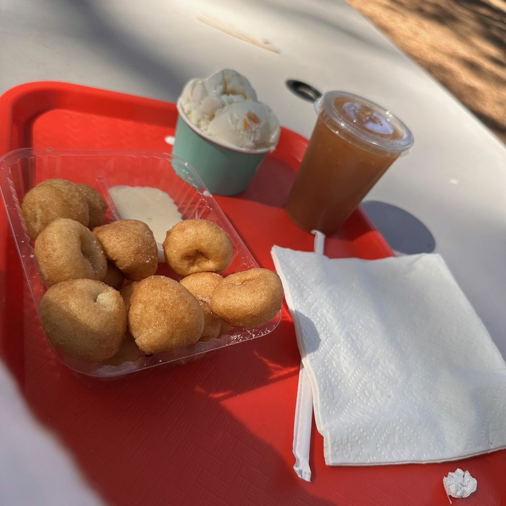 Apple cider donuts, apple slush, peach ice cream Apple cider donuts, apple slush, peach ice cream