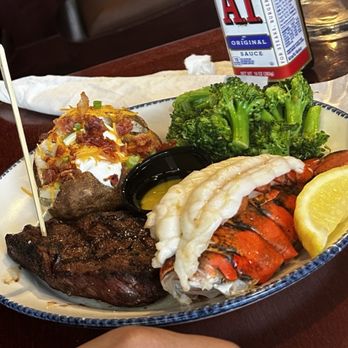 Red Lobster - Surf and turf with a loaded baked potato and broccoli. - Seafood Near Me - Bakersfield, California