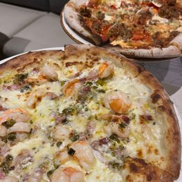 Shrimp & bacon pizza and the spicy sausage pizza Shrimp & bacon pizza and the spicy sausage pizza